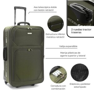Valijas 20 CHECK IN  Soft Militar con 2 ruedas tractor traseras, expandible, cerradura de combina