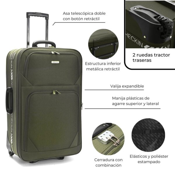 Valijas 24 CHECK IN  Soft Militar con 2 ruedas tractor traseras, expandible, cerradura de combina