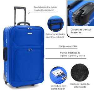 Valijas 24 CHECK IN  Soft Azul Francia con 2 ruedas tractor traseras, expandible, cerradura de co 24 pulg