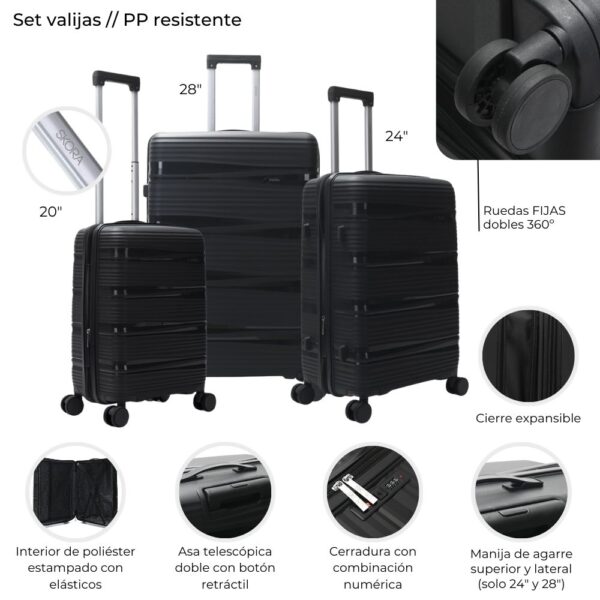 Set Valijas Rígidas Skora Negro x3 | 20" 24" 28" Expandible Doble Rueda Fija + Cerradura