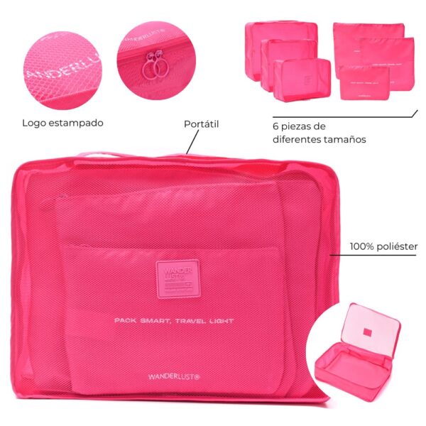 Set Organizador de Ropa  Wanderlust Fucsia x 6 piezas de diferentes tamaños con cierre