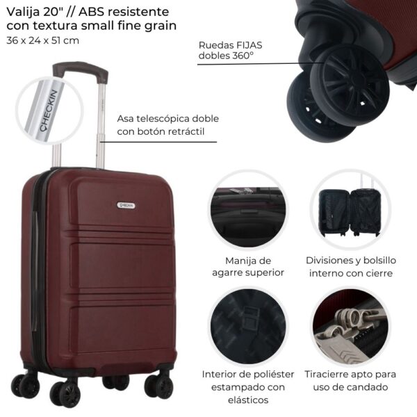 Descripción Larga:  Valija Rígida CHECK IN Bordeaux 20 Pulgadas: Resistencia, Agilidad y Elegancia para tus Viajes